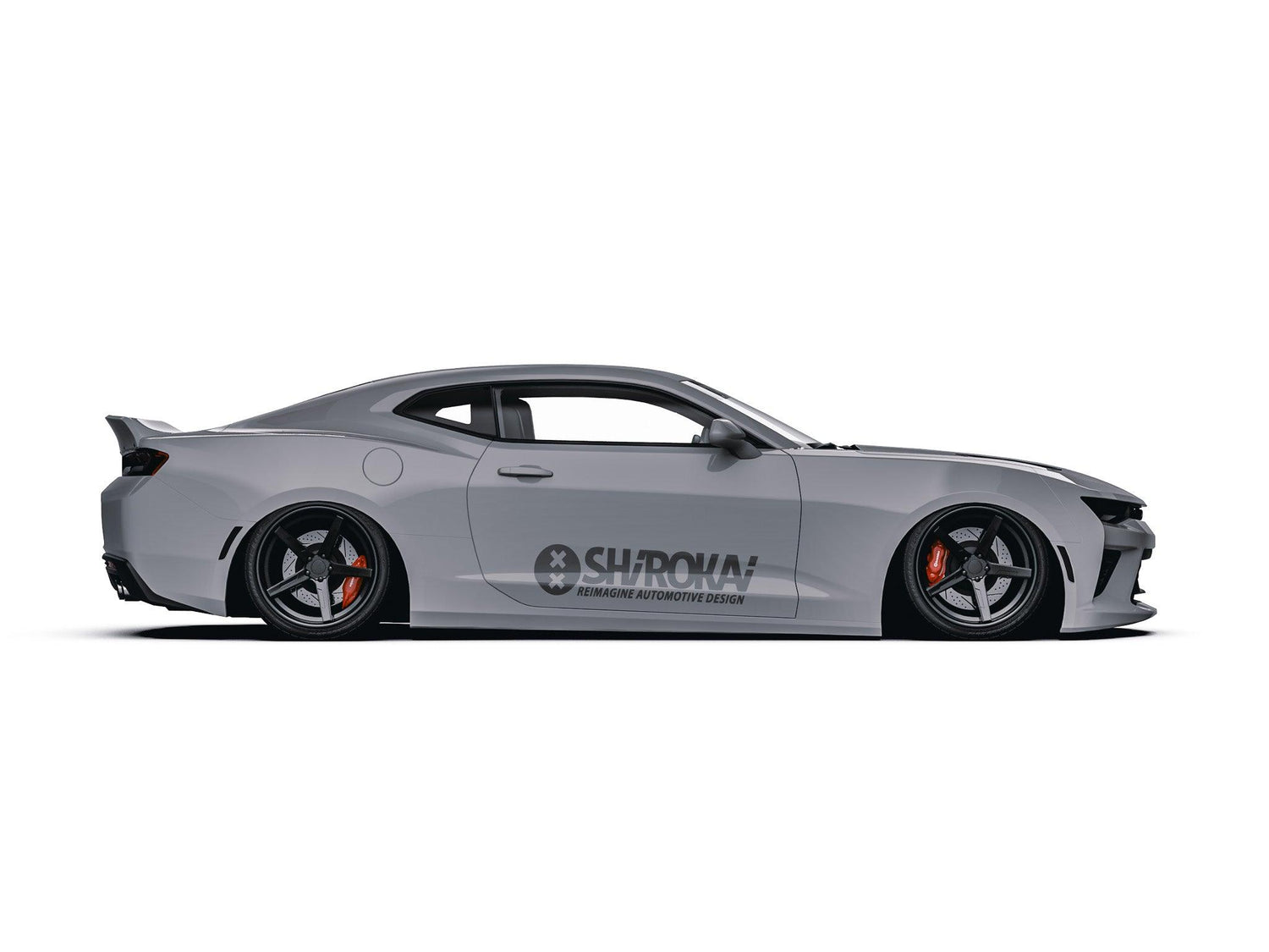 Chevrolet Camaro 2016-2018 rear spoiler SHIROKAI installed on gray sports car side view