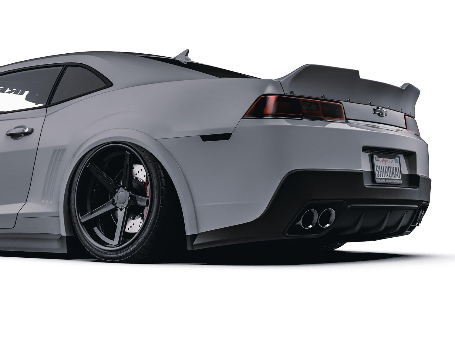 White Chevrolet Camaro with SHIROKAI Chevrolet Camaro duckbill ducktail spoiler and black aftermarket wheels