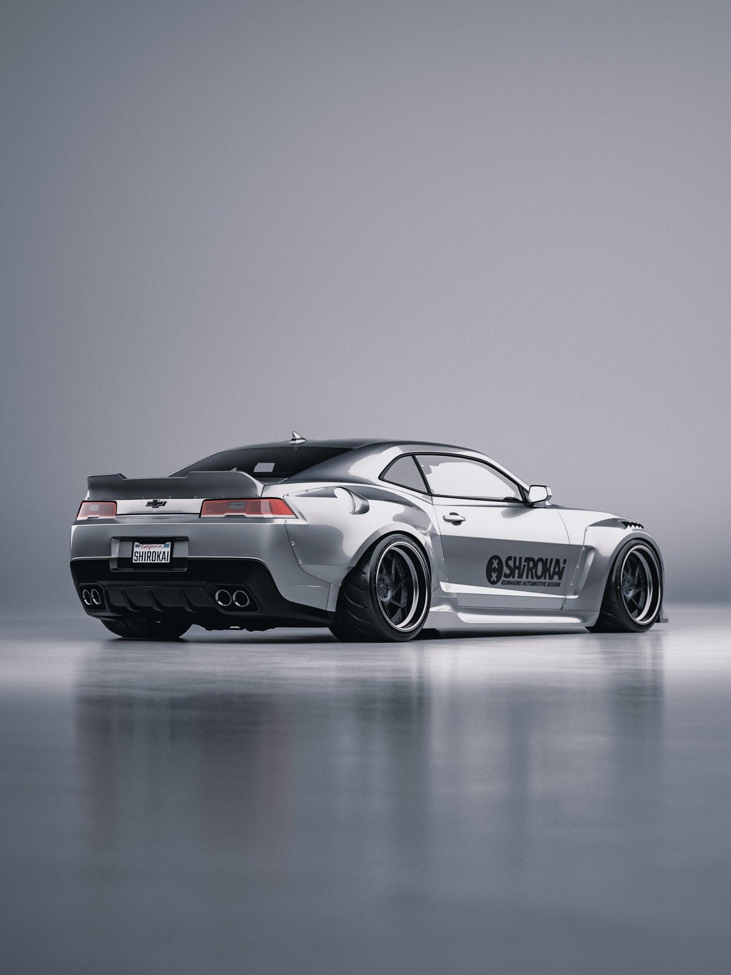 Chevrolet Camaro with SHIROKAI Chevrolet Camaro duckbill ducktail spoiler installed in sleek silver