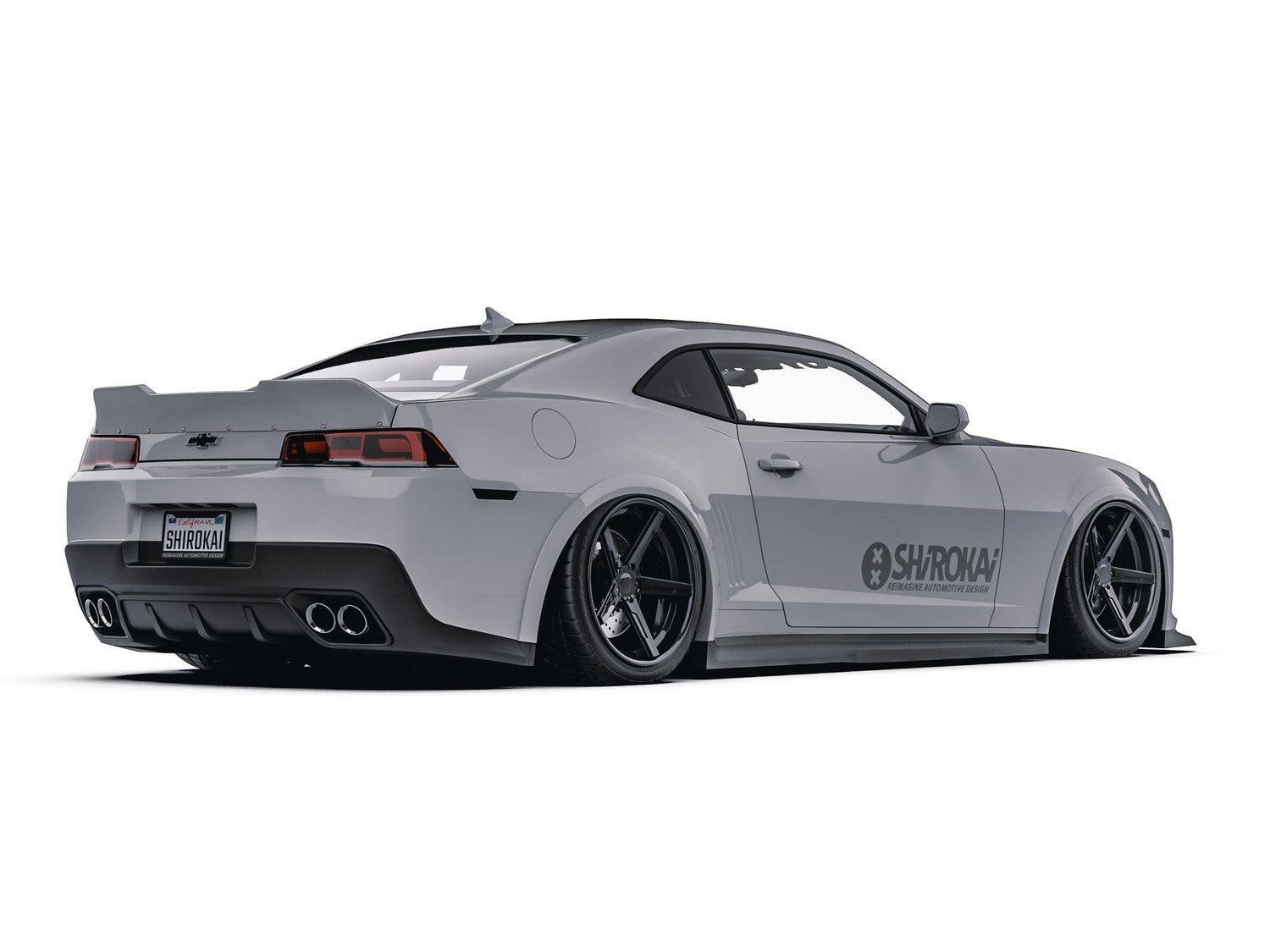Gray Chevrolet Camaro with SHIROKAI Chevrolet Camaro duckbill ducktail spoiler and custom lowered suspension