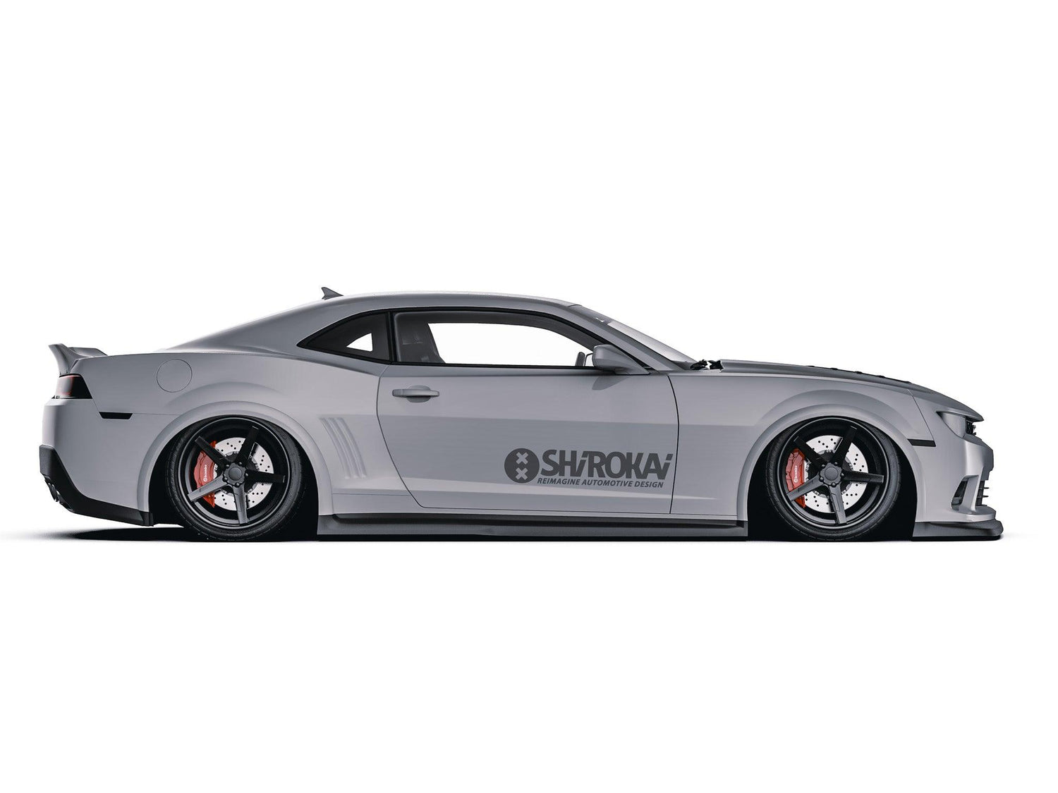 Gray Chevrolet Camaro with SHIROKAI Chevrolet Camaro duckbill ducktail spoiler and custom wide body kit