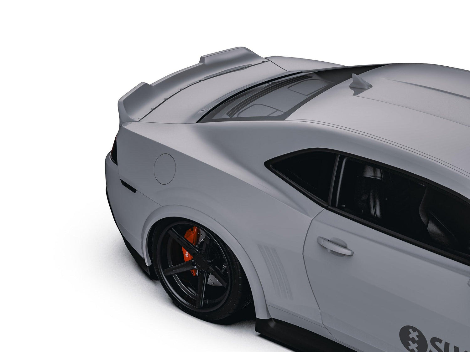SHIROKAI Chevrolet Camaro duckbill ducktail spoiler installed on gray Camaro rear roof edge