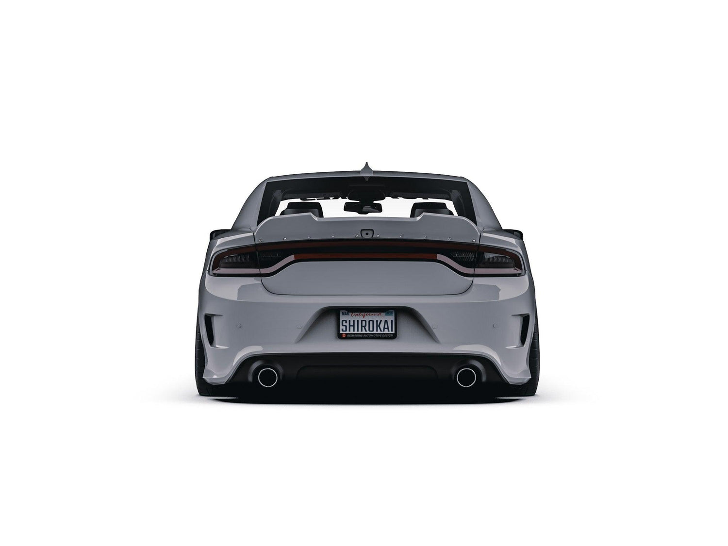 Rear view of a white Dodge Charger 2015-2023 with SHIROKAI ducktail spoiler installed
