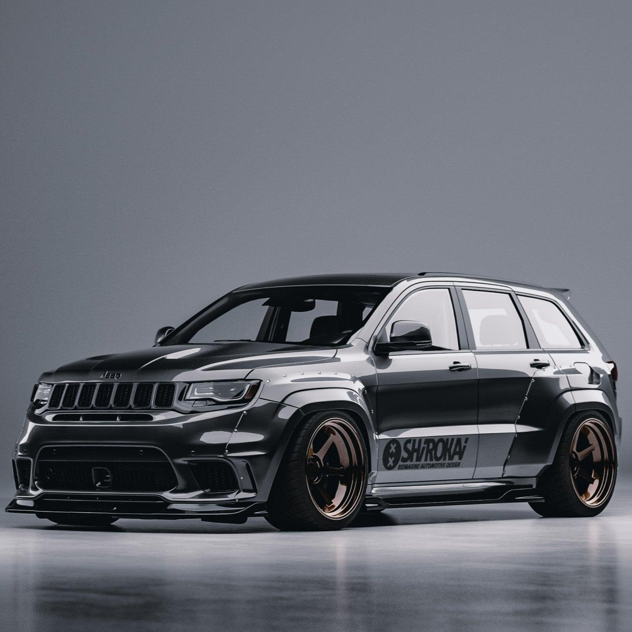 Jeep Grand Cherokee SRT Trackhawk widebody kit SHIROKAI installed on black SUV with bronze wheels
