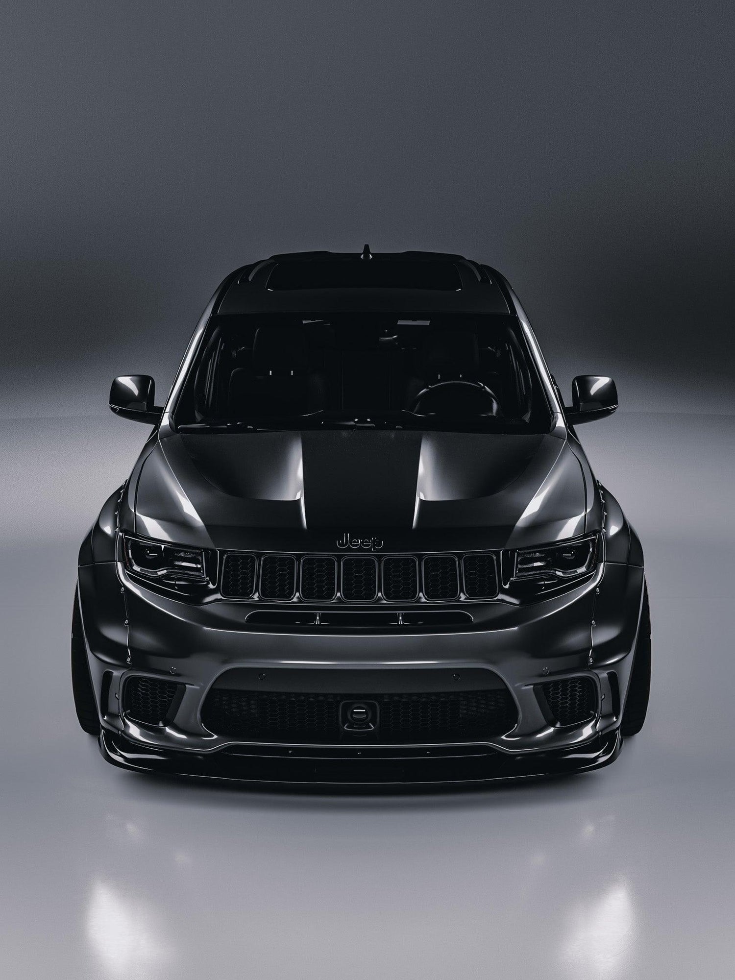 Front view of black Jeep Grand Cherokee SRT Trackhawk with SHIROKAI widebody kit installed
