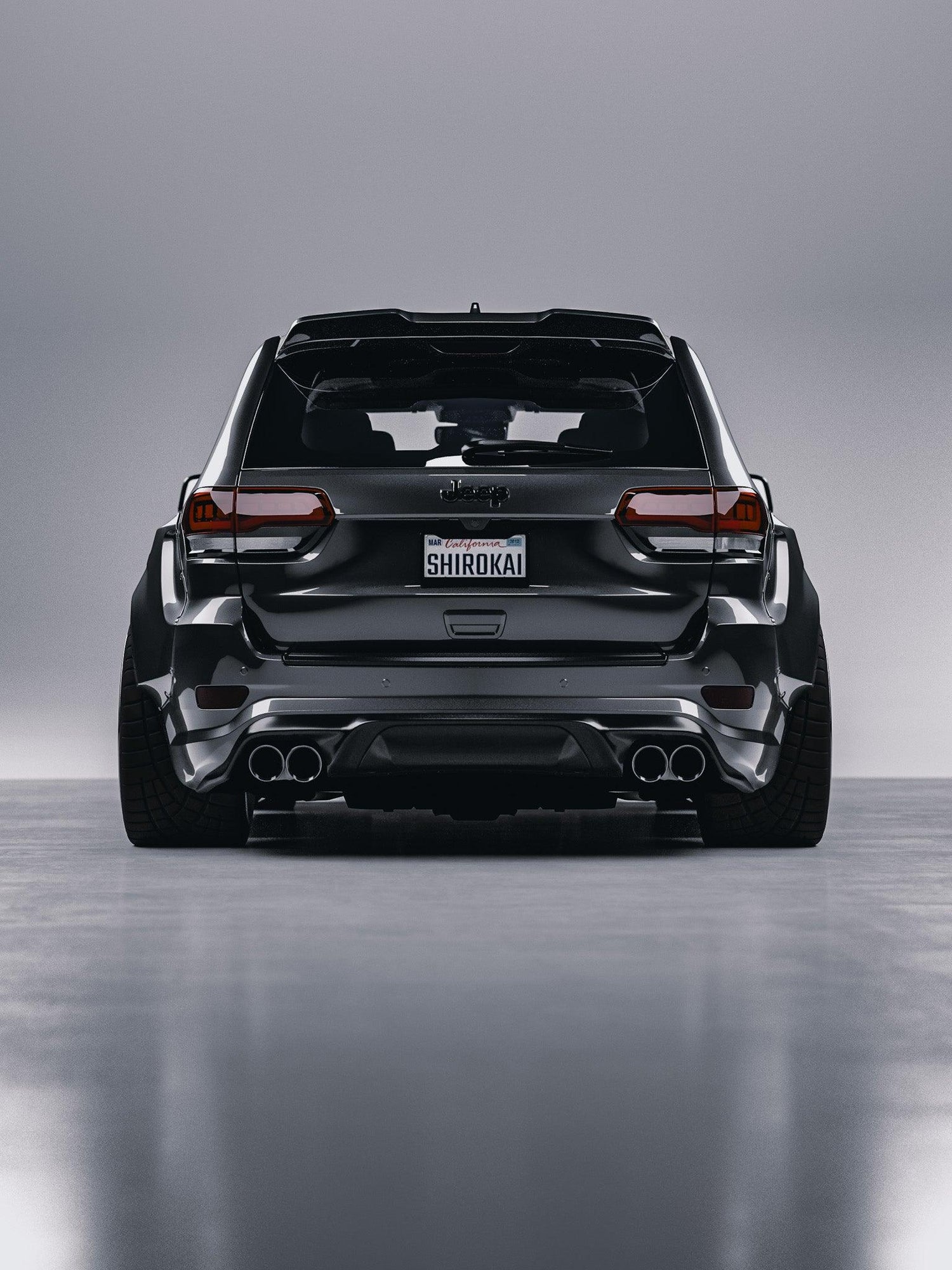 Rear view of Jeep Grand Cherokee SRT Trackhawk with widebody kit SHIROKAI installed in black finish