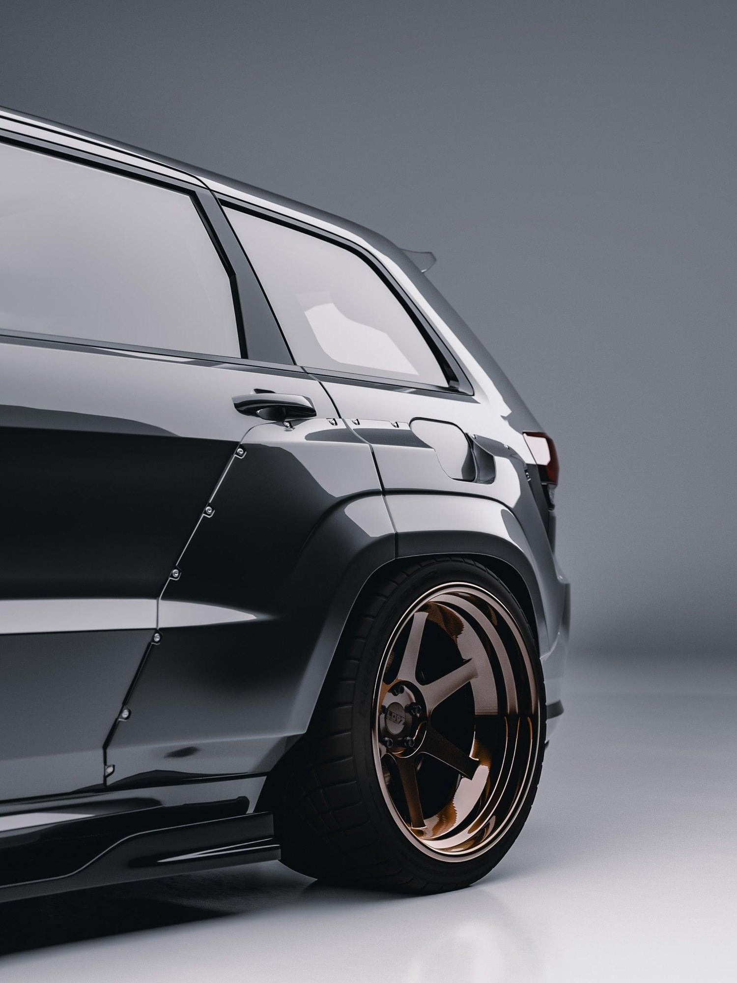 Jeep Grand Cherokee SRT Trackhawk widebody kit SHIROKAI installed on black SUV rear side with bronze wheels