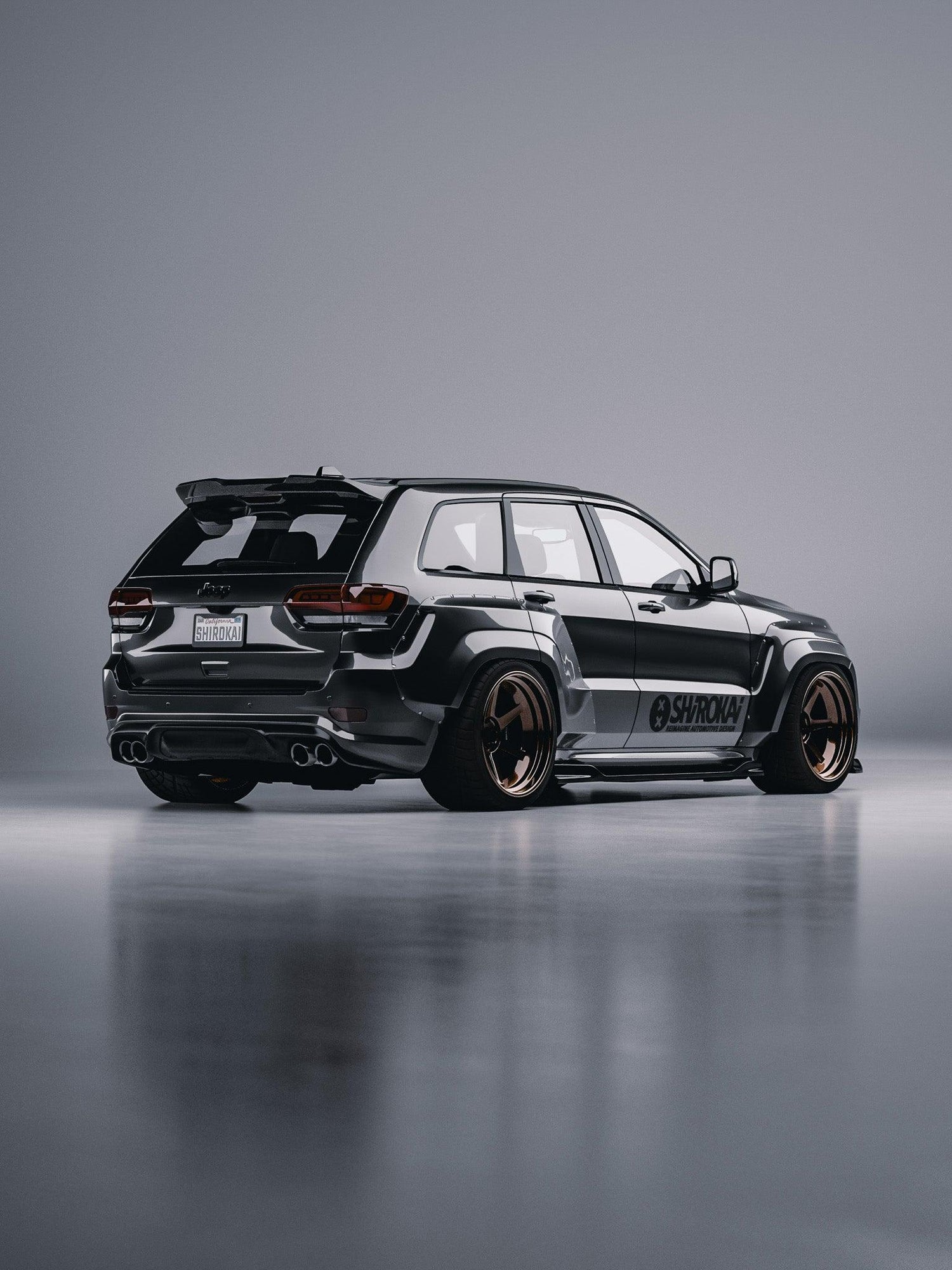 Black Jeep Grand Cherokee SRT Trackhawk with SHIROKAI widebody kit on a reflective surface
