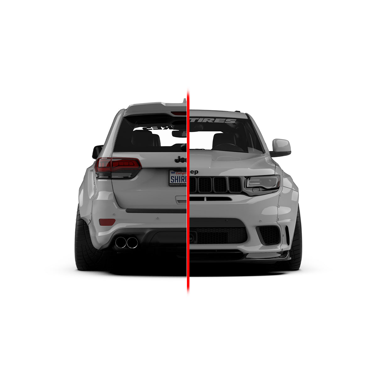 Front view of Jeep Grand Cherokee SRT Trackhawk split to show stock and widebody kit SHIROKAI upgrade