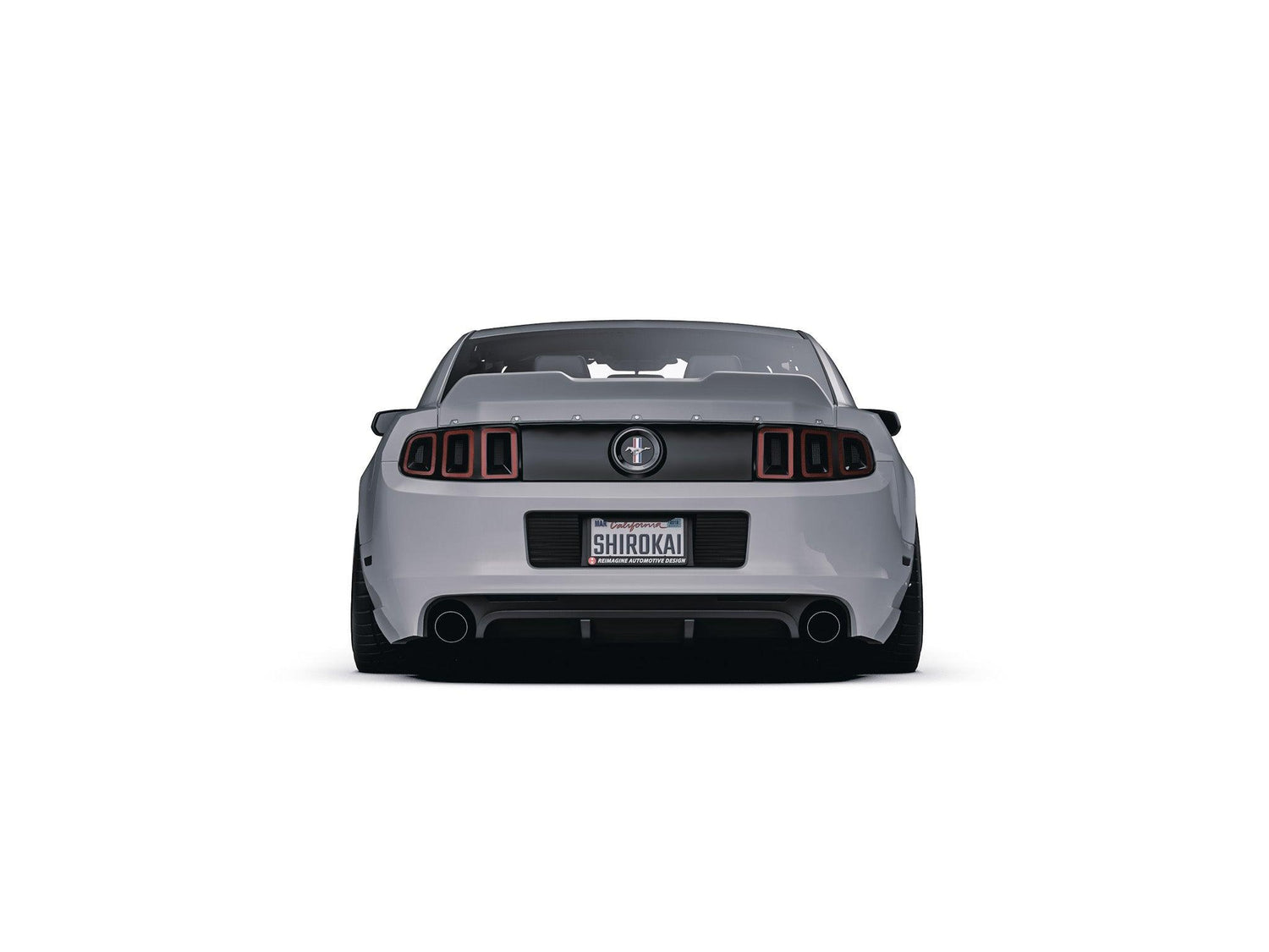 Rear view of white Mustang with Mustang 2010-2014 trunk spoiler upgrade ducktail duckbill SHIROKAI installed