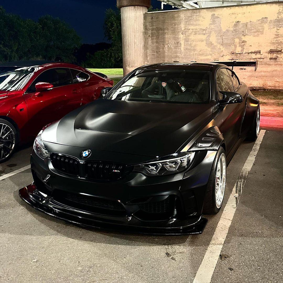 Widebody kit for BMW M4 F82 2014-2020 SHIROKAI stance bimmer in matte black parked at night
