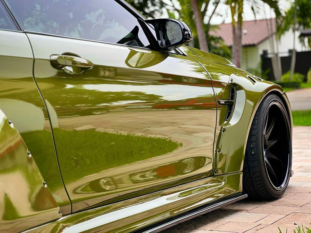 Green BMW M4 F82 2014-2020 with SHIROKAI widebody kit for BMW M4 F82 2014-2020 SHIROKAI stance bimmer and black rims