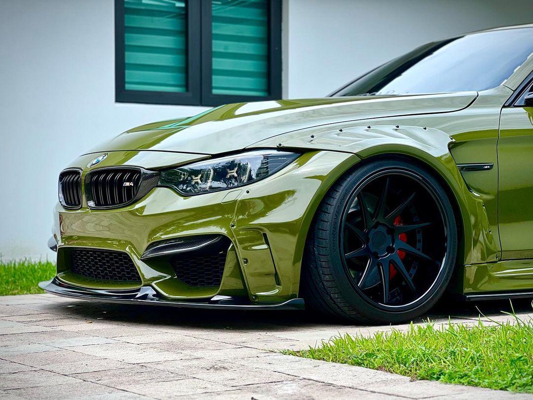 Widebody kit for BMW M4 F82 2014-2020 SHIROKAI stance bimmer in olive green with black wheels