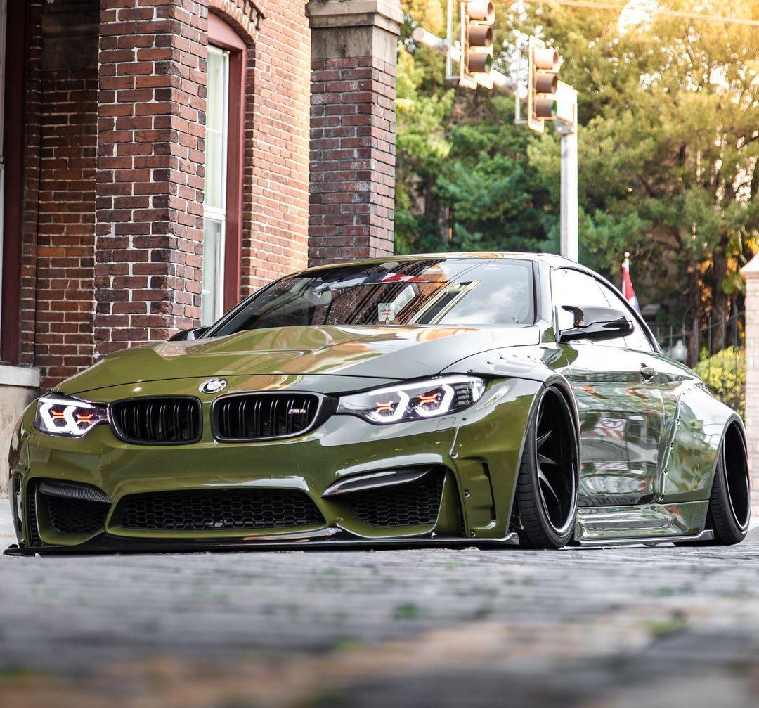 Olive green BMW M4 F82 2014-2020 with widebody kit for BMW M4 F82 2014-2020 SHIROKAI stance bimmer installed