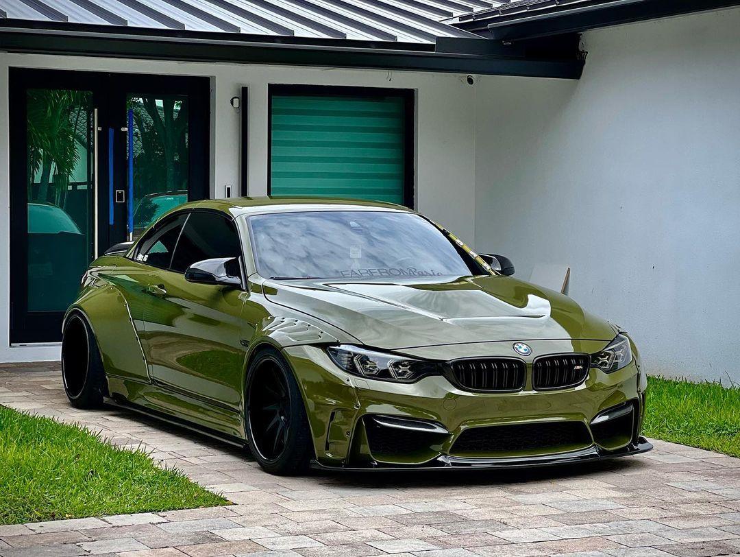 Widebody kit for BMW M4 F82 2014-2020 SHIROKAI stance bimmer in green with aggressive styling