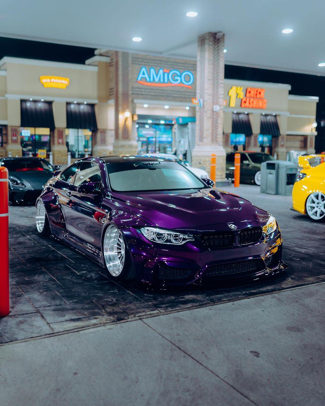 Purple BMW M4 F82 2014-2020 with SHIROKAI widebody kit for BMW M4 F82 2014-2020 SHIROKAI stance bimmer at night
