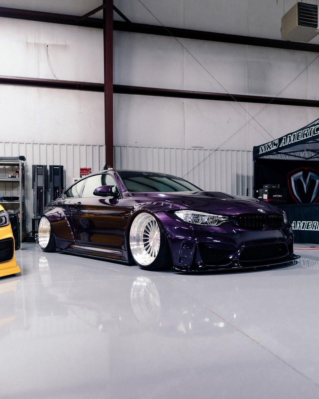 Purple BMW M4 F82 2014-2020 with widebody kit for BMW M4 F82 2014-2020 SHIROKAI stance bimmer installed
