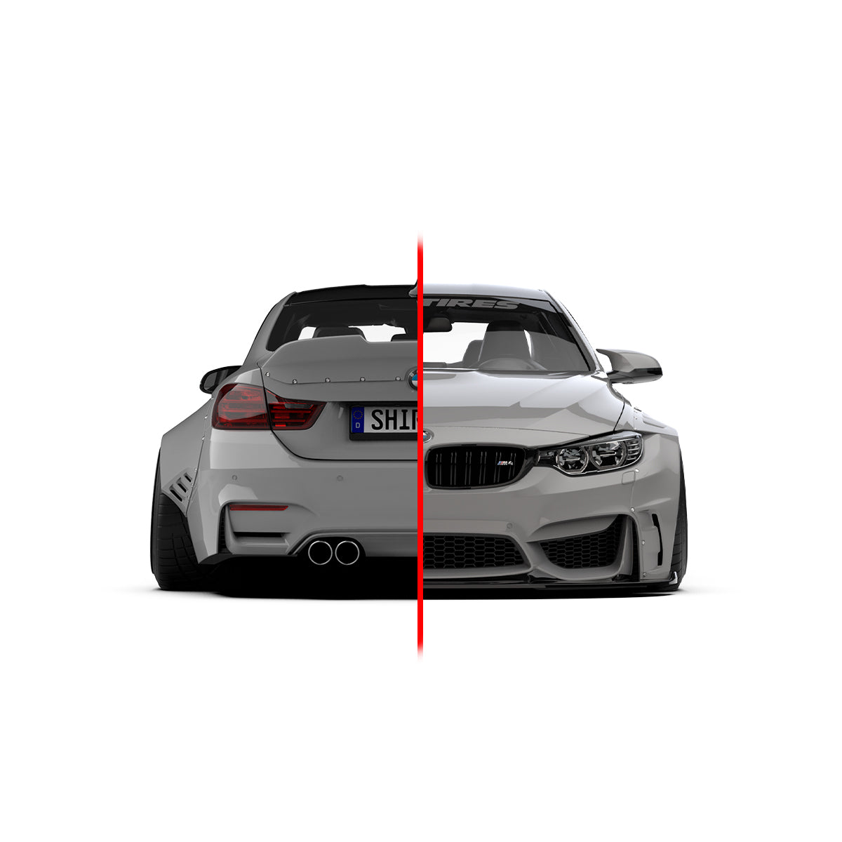 Widebody kit for BMW M4 F82 2014-2020 SHIROKAI stance bimmer showing front and rear split view