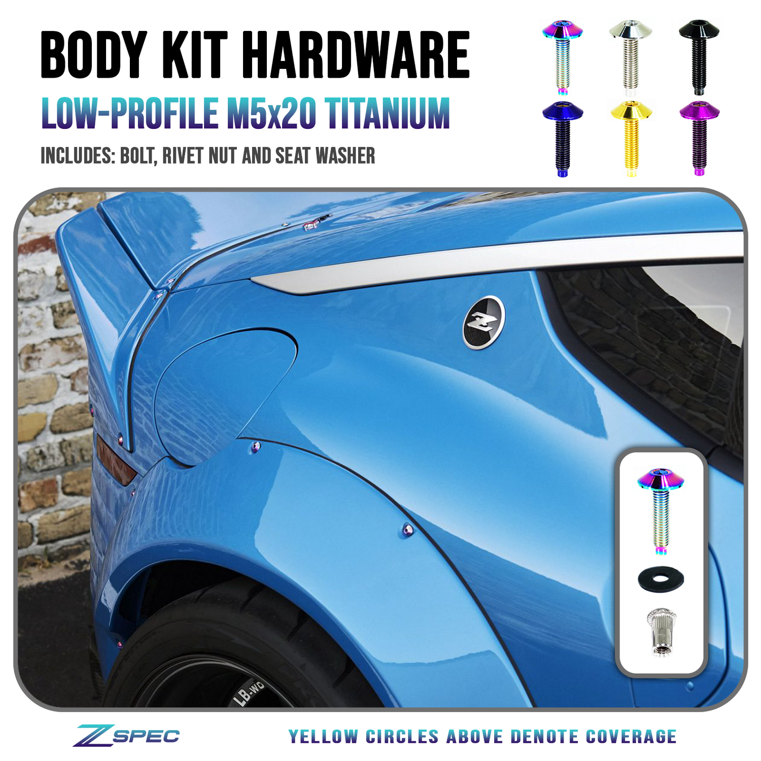 ZSPEC Low-Profile Body Kit Fastener, M5x20mm, Titanium w/ Rivet Nut, Per Each